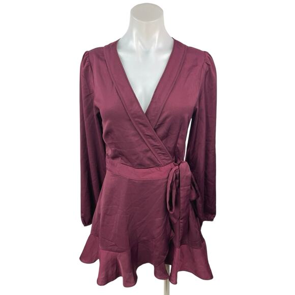 Lulus Red Maroon Long Sleeve V Neck Cocktail A Line Mini Wrap Dress Size S - Picture 1 of 5